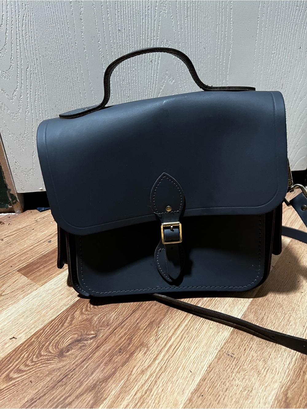 The Cambridge Satchel Company Navy Leather Satchel with Brass Buckle